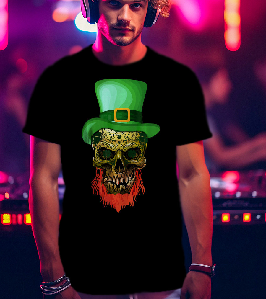 Skull Leprechaun Irish Green Hat Red Beard T-Shirt