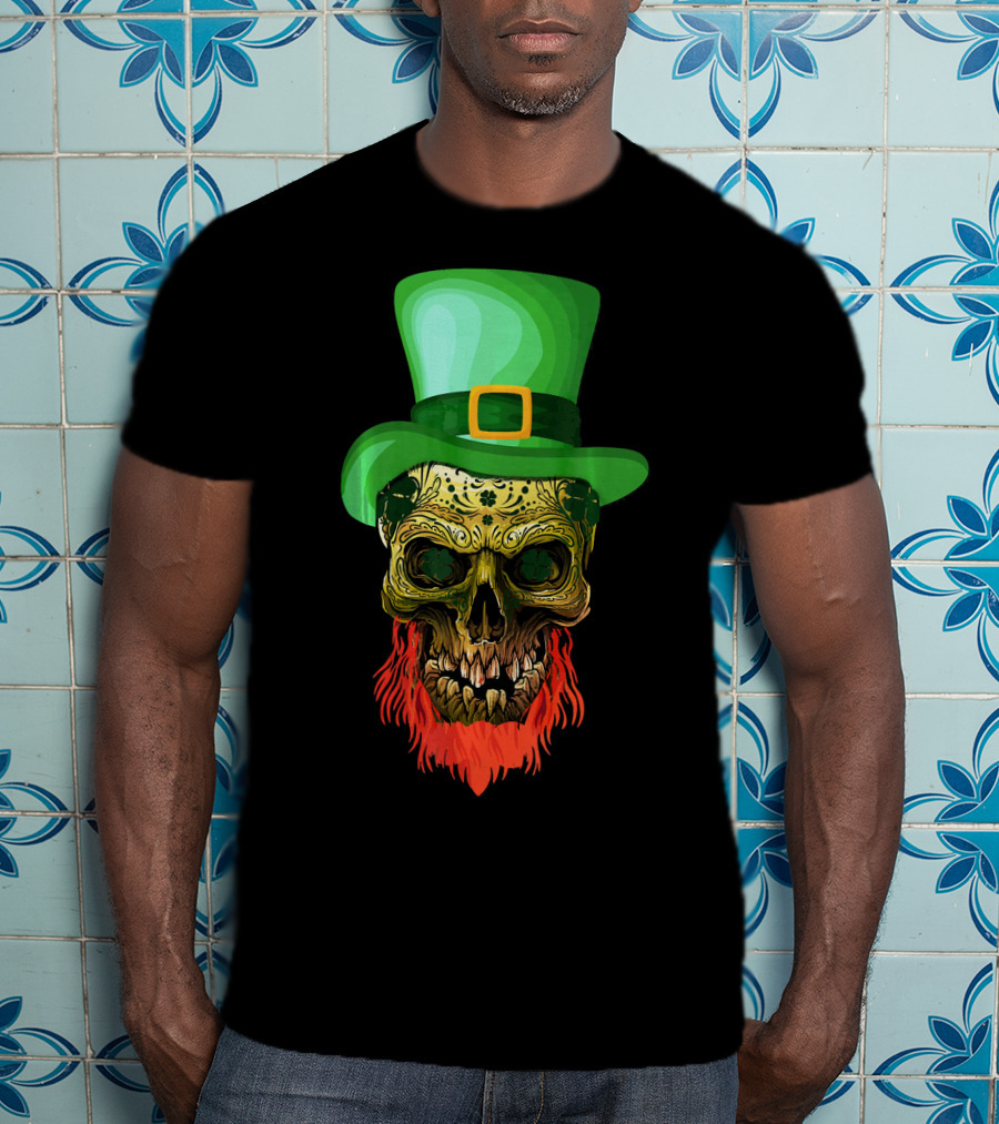 Skull Leprechaun Irish Green Hat Red Beard T-Shirt