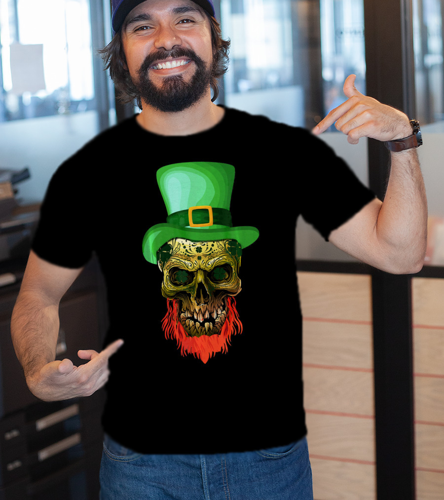 Skull Leprechaun Irish Green Hat Red Beard T-Shirt