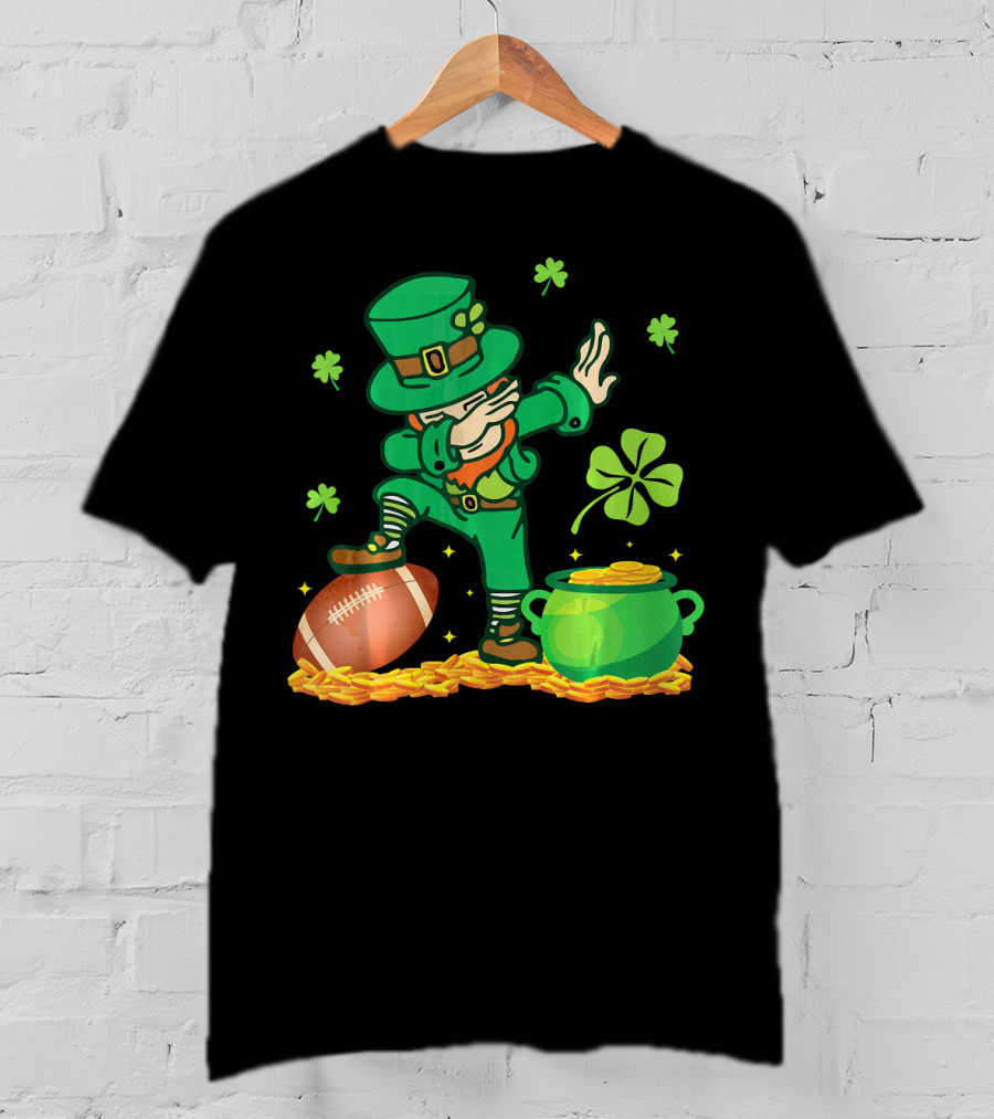 Leprechaun Dabbing With Football Shamrocks And Pot Of Gold T-Shirt