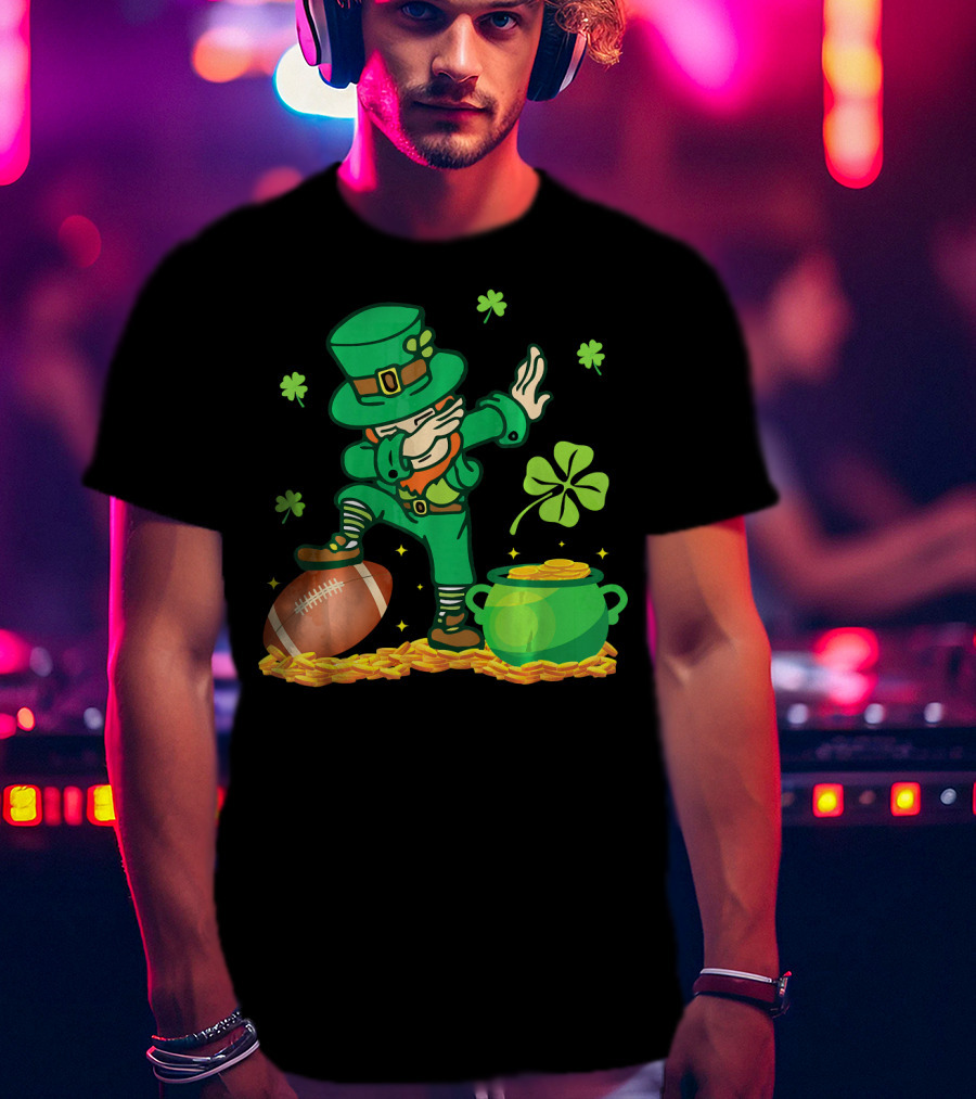 Leprechaun Dabbing With Football Shamrocks And Pot Of Gold T-Shirt