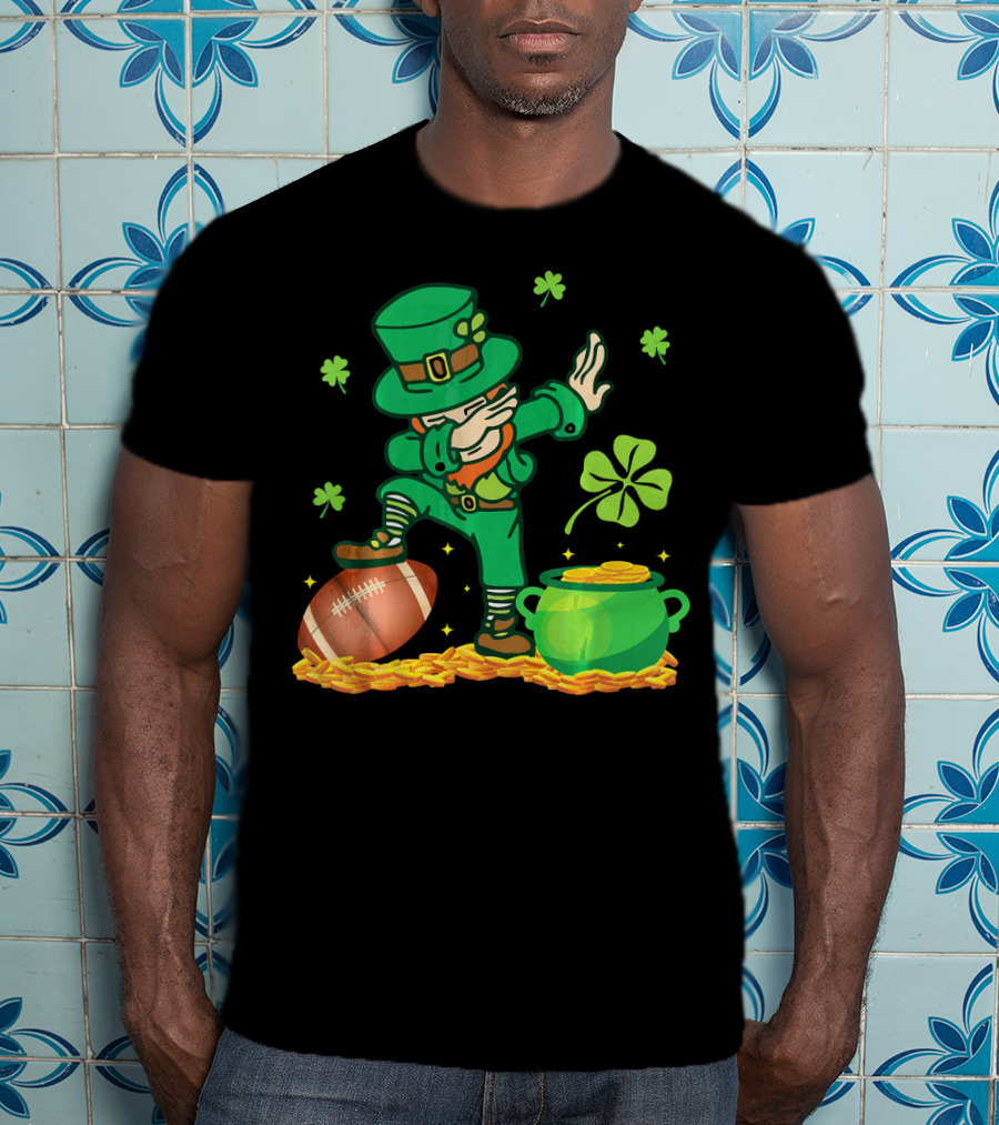 Leprechaun Dabbing With Football Shamrocks And Pot Of Gold T-Shirt