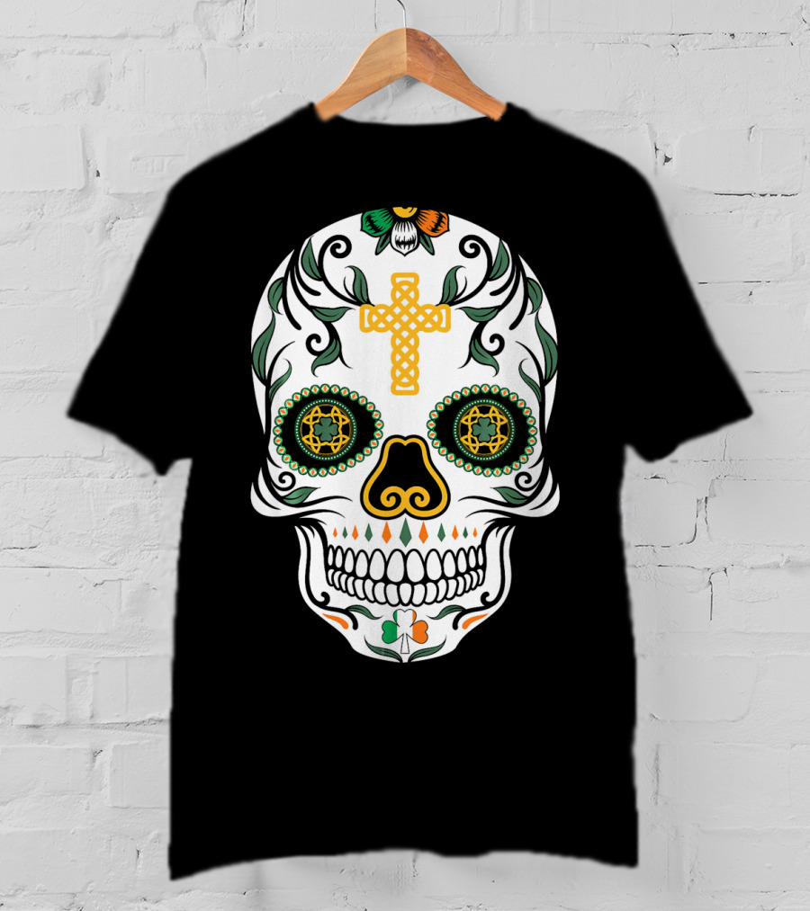 Cinco De Mayo Shamrock Sugar Skull Celtic Cross Floral T-Shirt