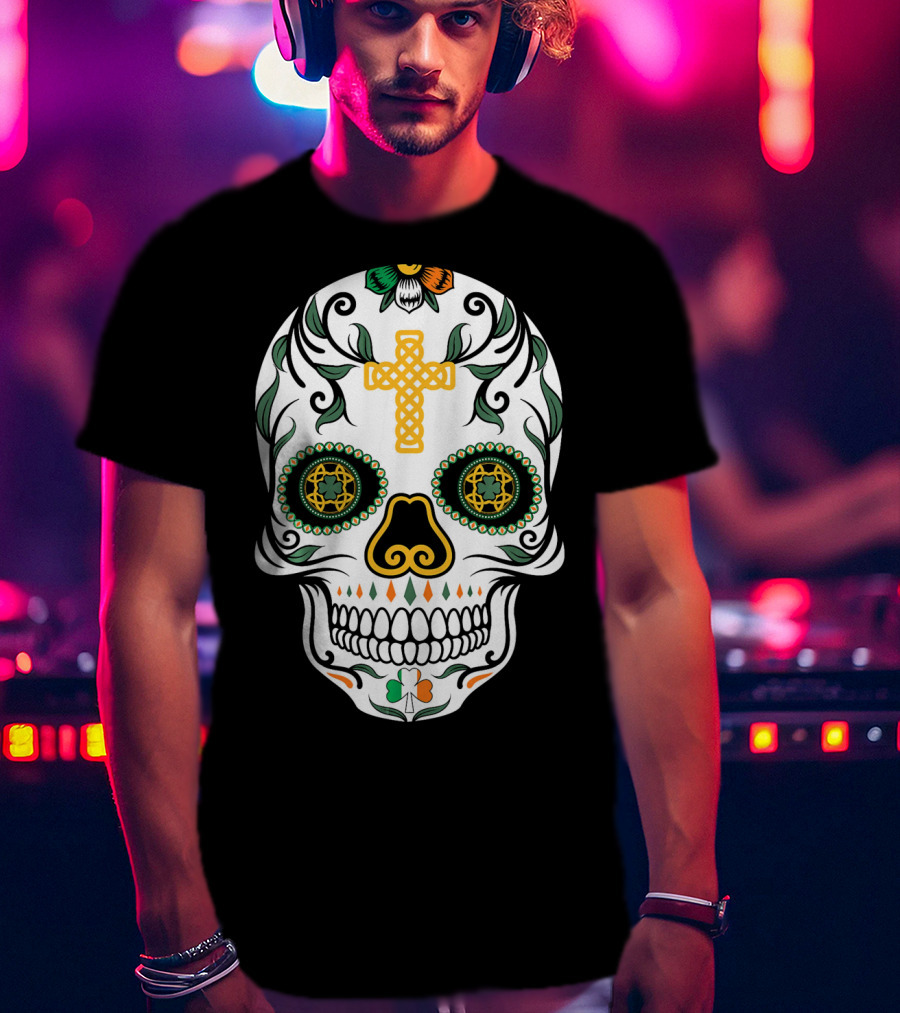 Cinco De Mayo Shamrock Sugar Skull Celtic Cross Floral T-Shirt
