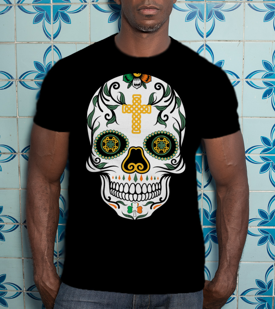 Cinco De Mayo Shamrock Sugar Skull Celtic Cross Floral T-Shirt