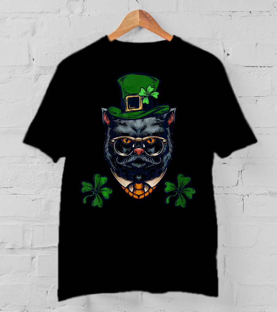Funny Cat Mustache Leprechaun With Shamrocks And Glasses T-Shirt