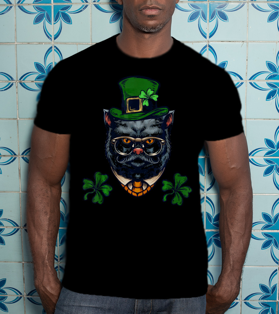 Funny Cat Mustache Leprechaun With Shamrocks And Glasses T-Shirt