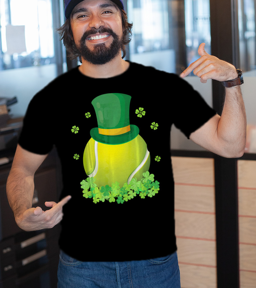 Leprechaun Hat Tennis Ball Surrounded By Shamrocks T-Shirt