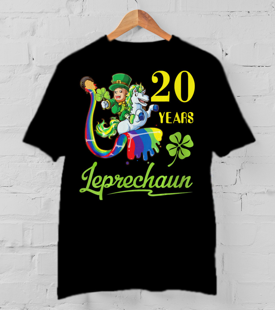 20 Years Leprechaun Riding Unicorn Rainbow Shamrock T-Shirt