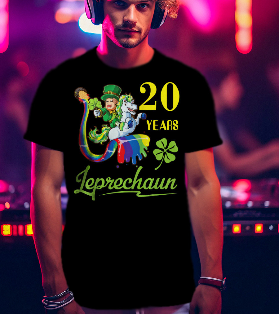 20 Years Leprechaun Riding Unicorn Rainbow Shamrock T-Shirt