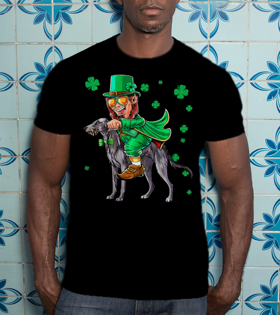Leprechaun Riding Scottish Deerhound With Shamrocks T-Shirt