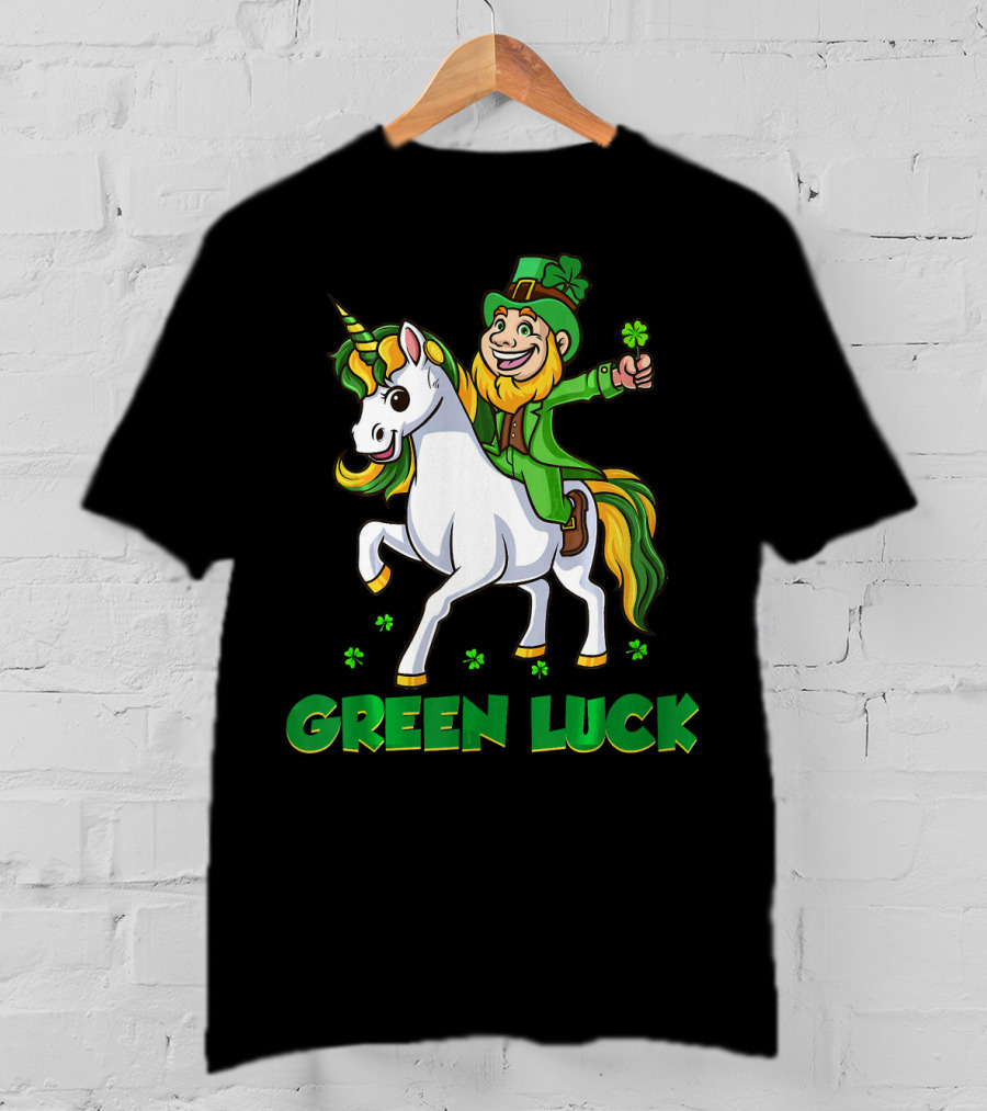 Green Luck Leprechaun Holding Shamrock Riding Unicorn T-Shirt