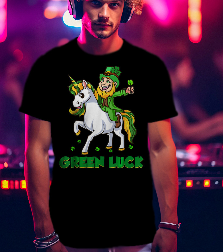 Green Luck Leprechaun Holding Shamrock Riding Unicorn T-Shirt