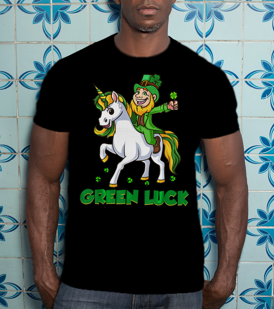 Green Luck Leprechaun Holding Shamrock Riding Unicorn T-Shirt