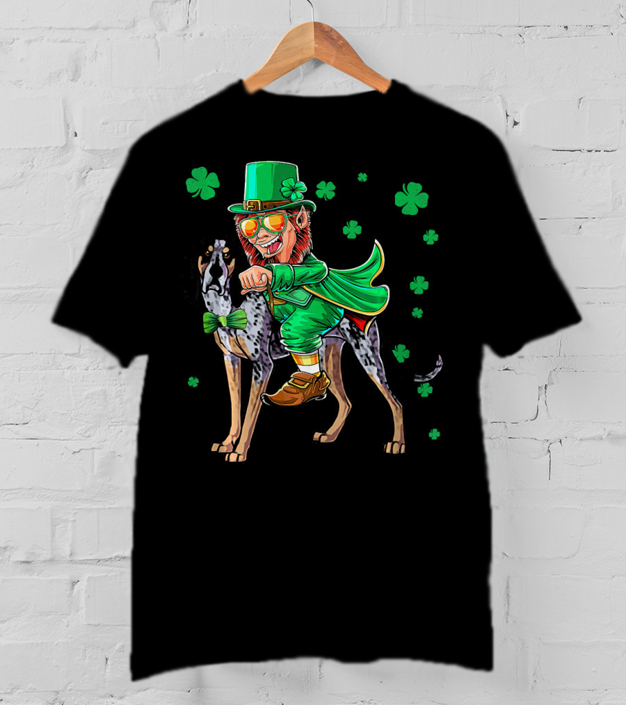 Leprechaun Riding Bluetick Coonhound With Shamrock Accents T-Shirt