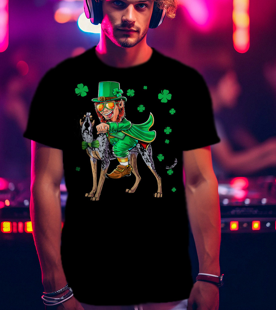 Leprechaun Riding Bluetick Coonhound With Shamrock Accents T-Shirt