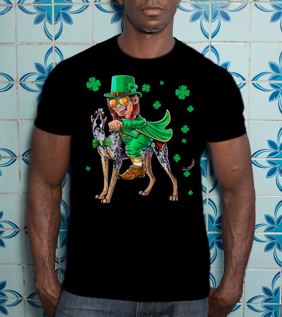 Leprechaun Riding Bluetick Coonhound With Shamrock Accents T-Shirt