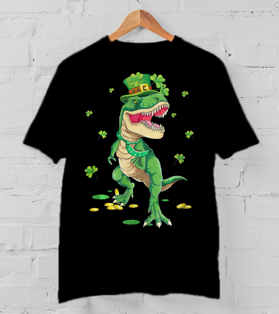 Happy St. Patrick’s Day Dinosaur Leprechaun Shamrocks Gold T-Shirt