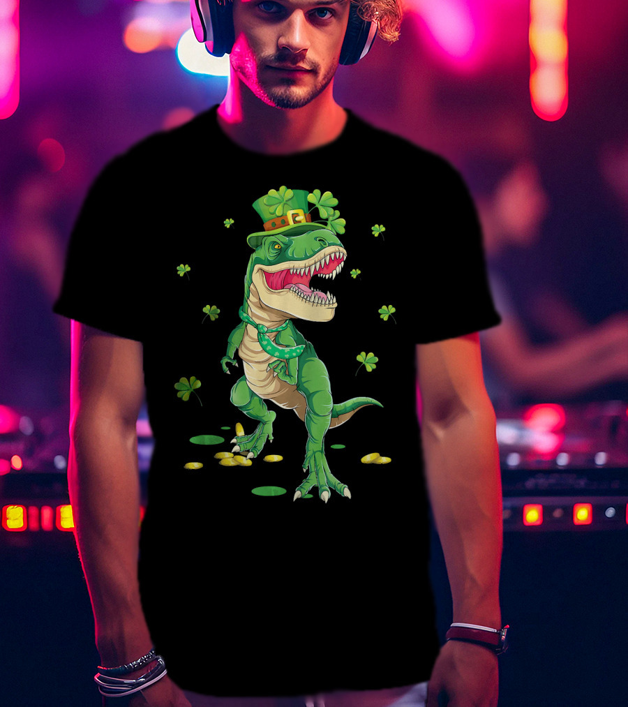 Happy St. Patrick’s Day Dinosaur Leprechaun Shamrocks Gold T-Shirt