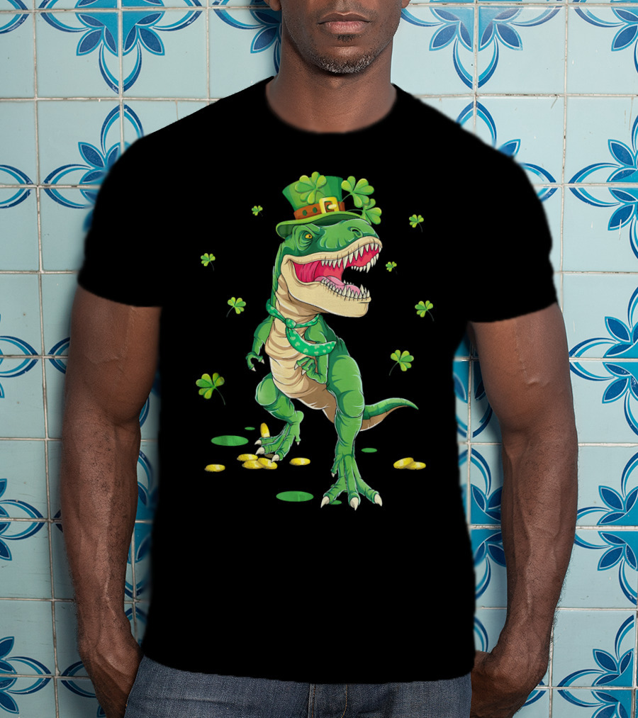Happy St. Patrick’s Day Dinosaur Leprechaun Shamrocks Gold T-Shirt