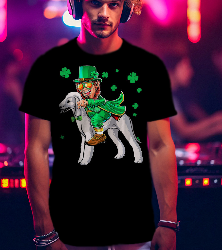 Leprechaun Riding Bedlington Terrier With Shamrock Elements T-Shirt