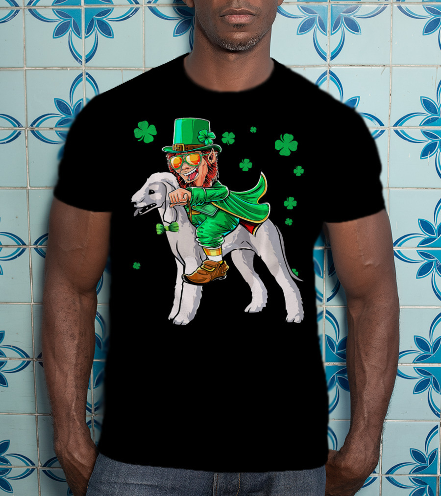 Leprechaun Riding Bedlington Terrier With Shamrock Elements T-Shirt
