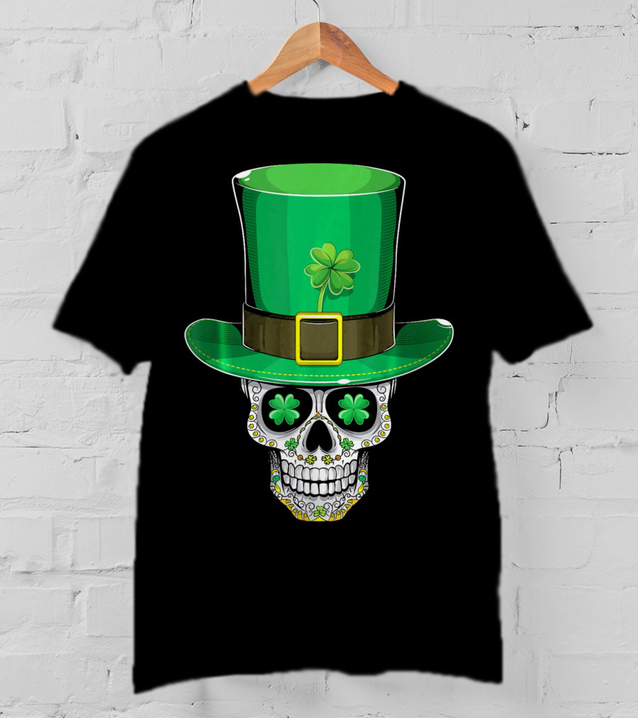 St Patricks Day Shamrock Sugar Skull Leprechaun T-Shirt