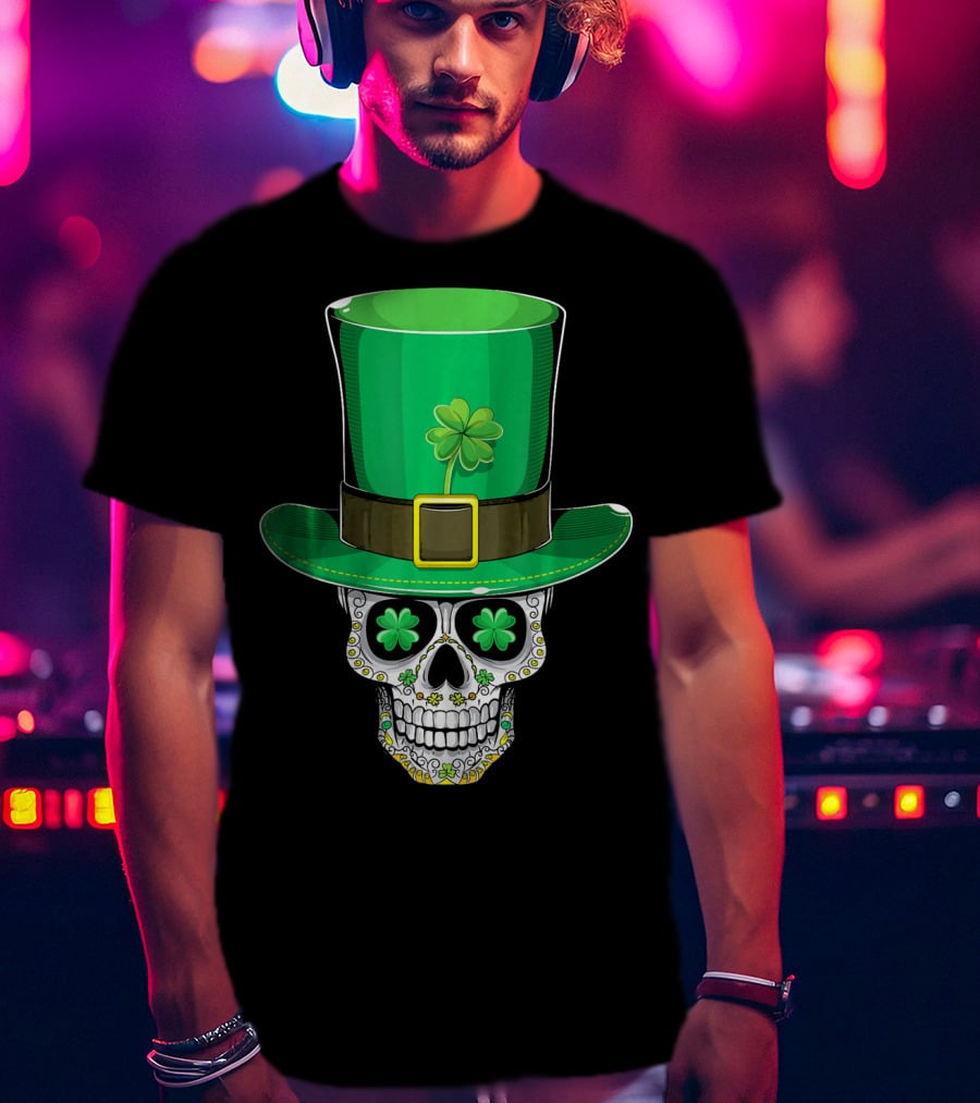 St Patricks Day Shamrock Sugar Skull Leprechaun T-Shirt