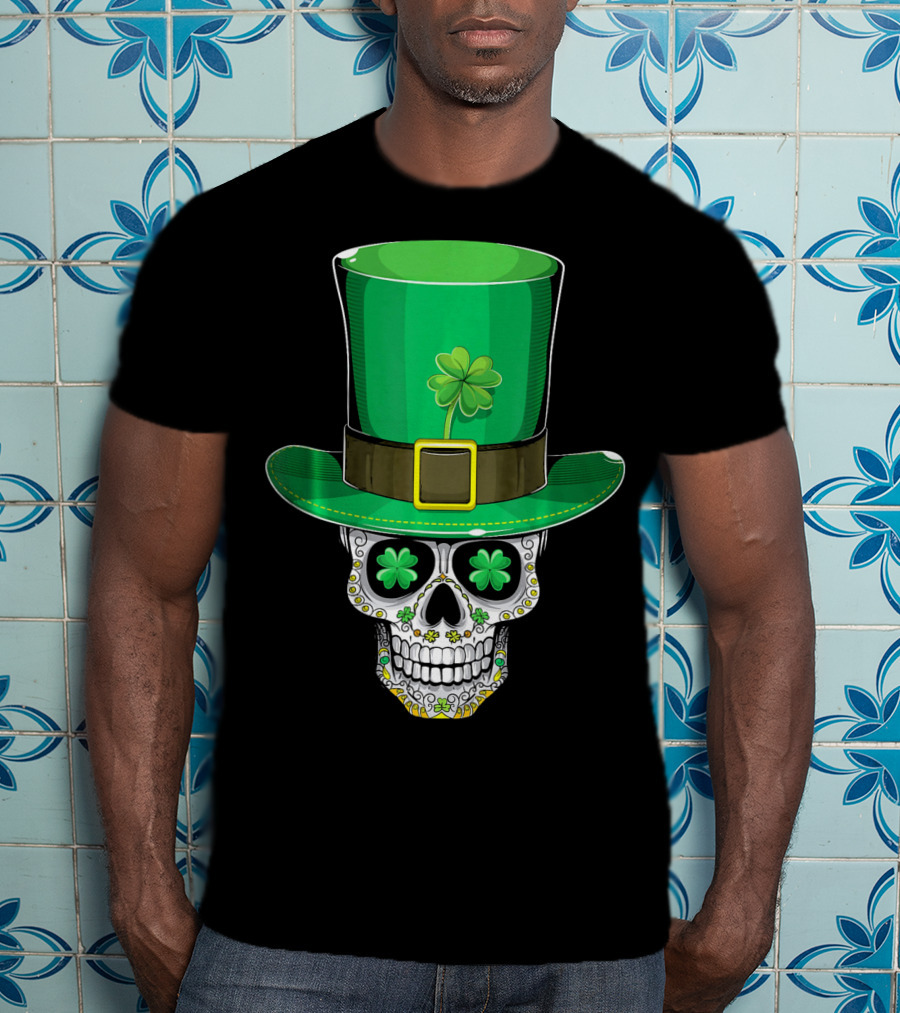 St Patricks Day Shamrock Sugar Skull Leprechaun T-Shirt