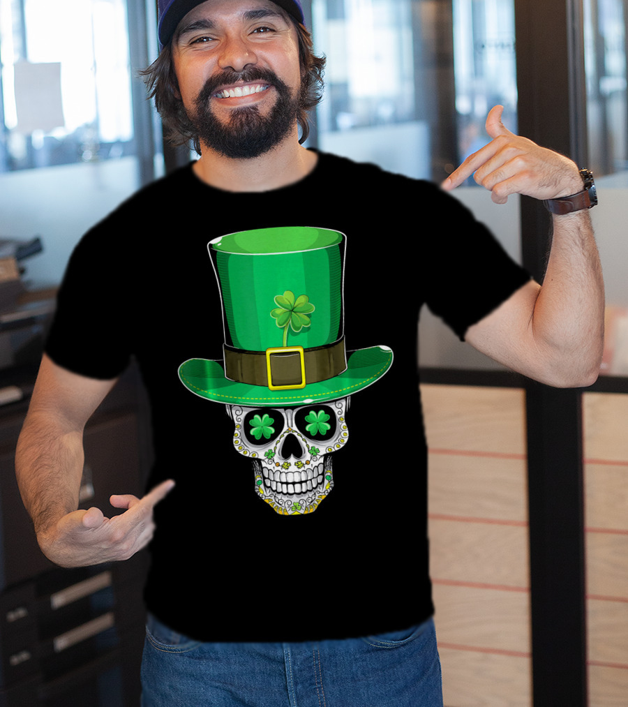 St Patricks Day Shamrock Sugar Skull Leprechaun T-Shirt