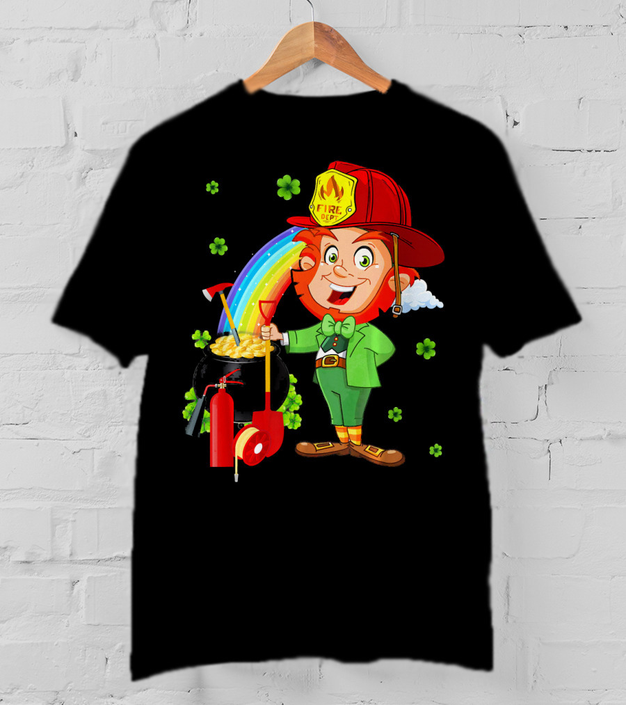 Fire Dept Leprechaun With Pot Of Gold And Rainbow T-Shirt
