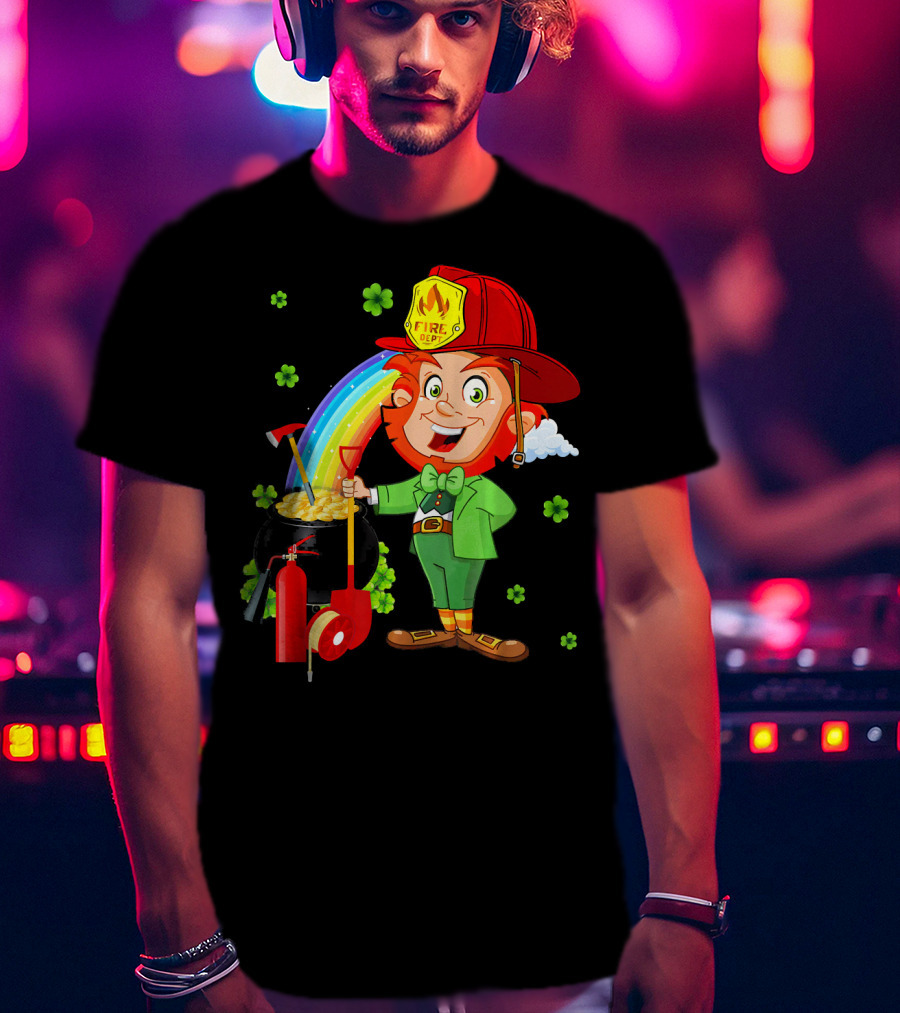 Fire Dept Leprechaun With Pot Of Gold And Rainbow T-Shirt