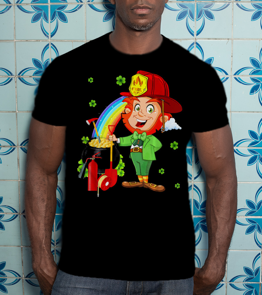 Fire Dept Leprechaun With Pot Of Gold And Rainbow T-Shirt