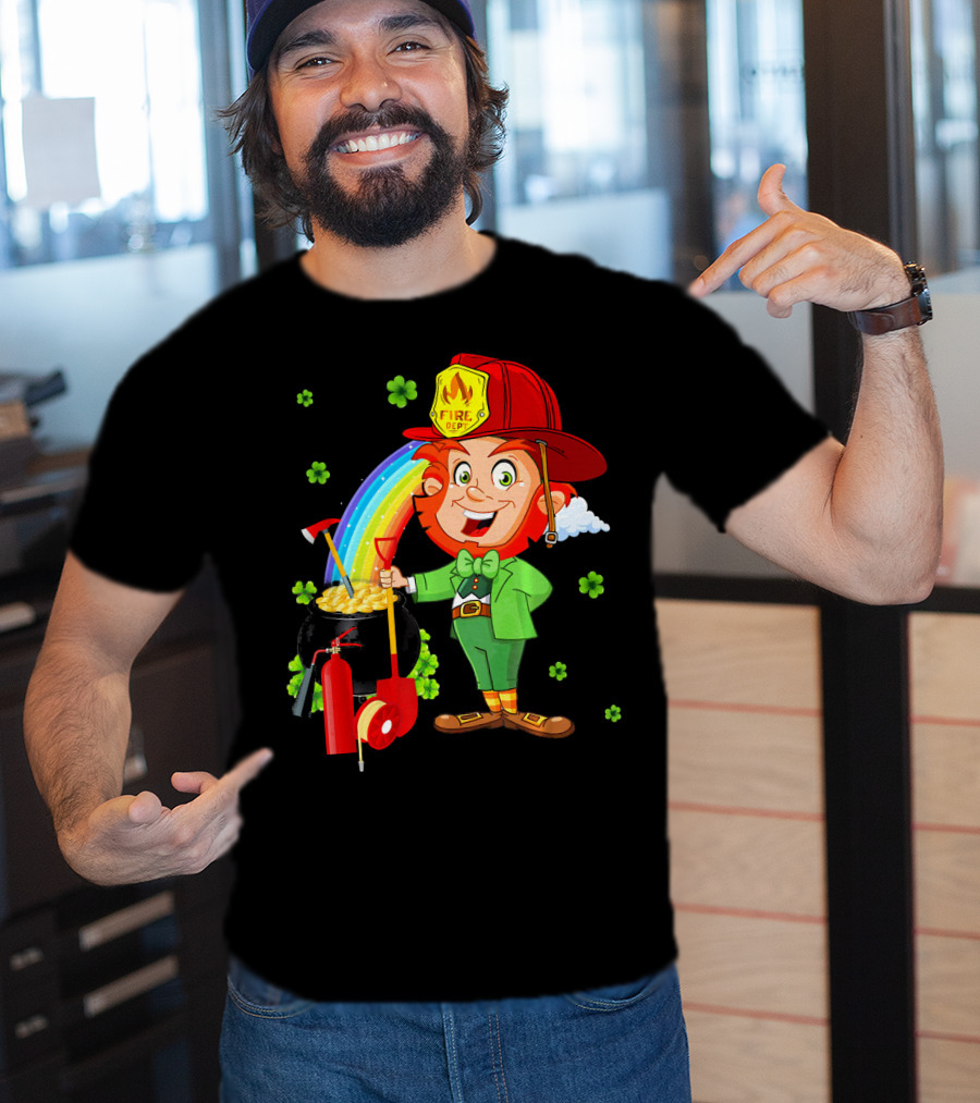 Fire Dept Leprechaun With Pot Of Gold And Rainbow T-Shirt