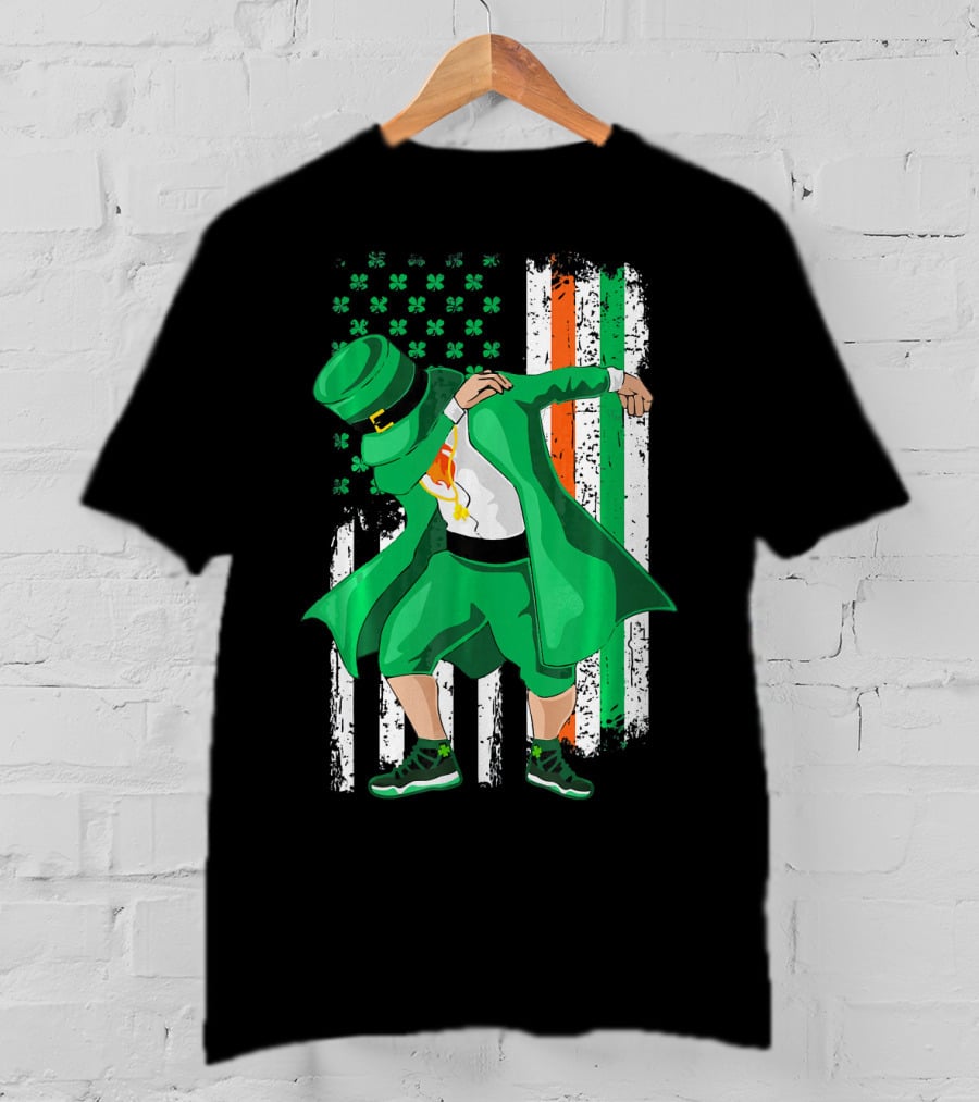 Dabbing Leprechaun With Shamrock And Irish American Flag Background T-Shirt