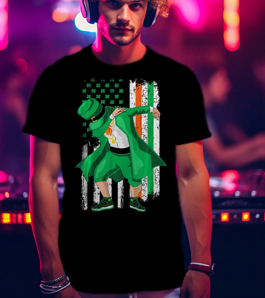 Dabbing Leprechaun With Shamrock And Irish American Flag Background T-Shirt