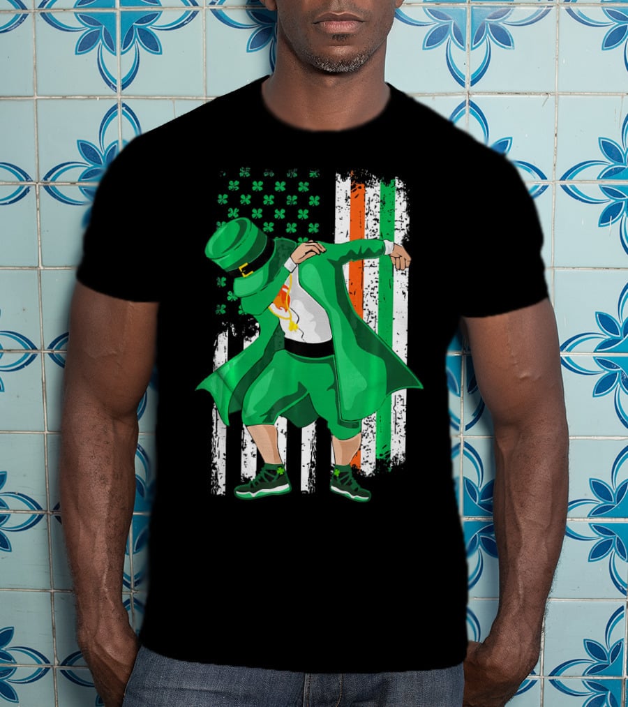 Dabbing Leprechaun With Shamrock And Irish American Flag Background T-Shirt