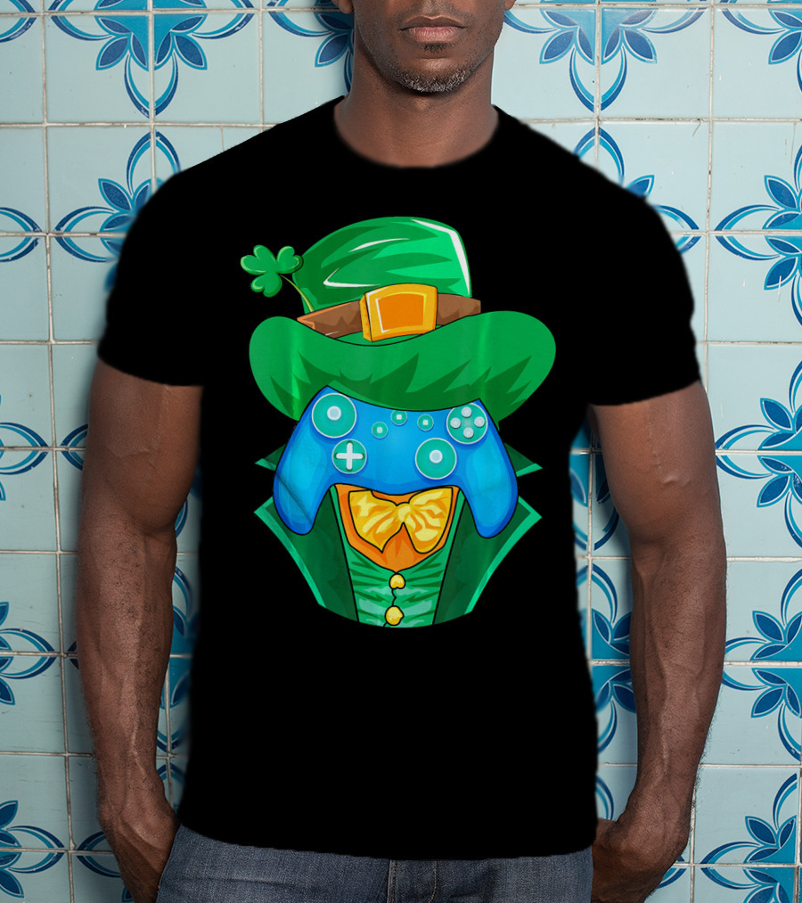 Leprechaun Gamer Controller St Patrick's Day Shamrock Hat Bowtie T-Shirt