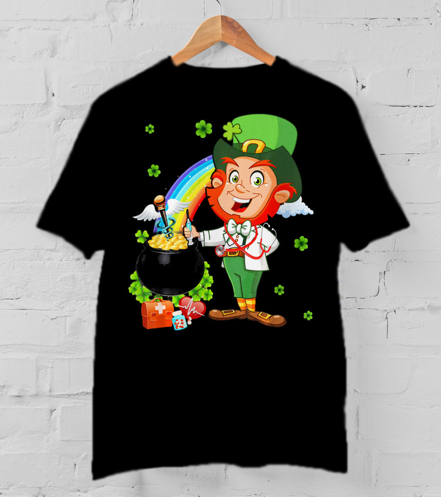 Lucky Medical Scrub Nurse Doctor Leprechaun With Pot Of Gold And Rainbow T-Shirt