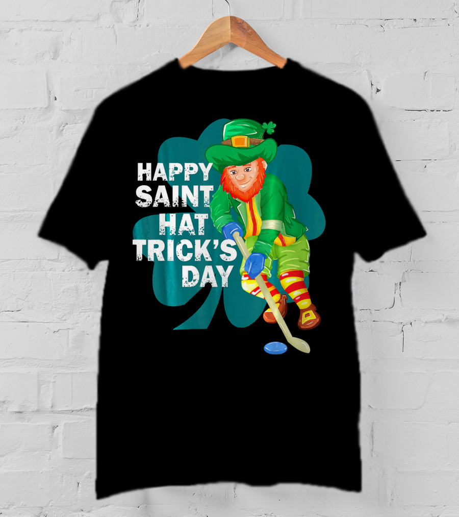 Happy Saint Hat Trick's Day Leprechaun Hockey Player Shamrock Ice T-Shirt