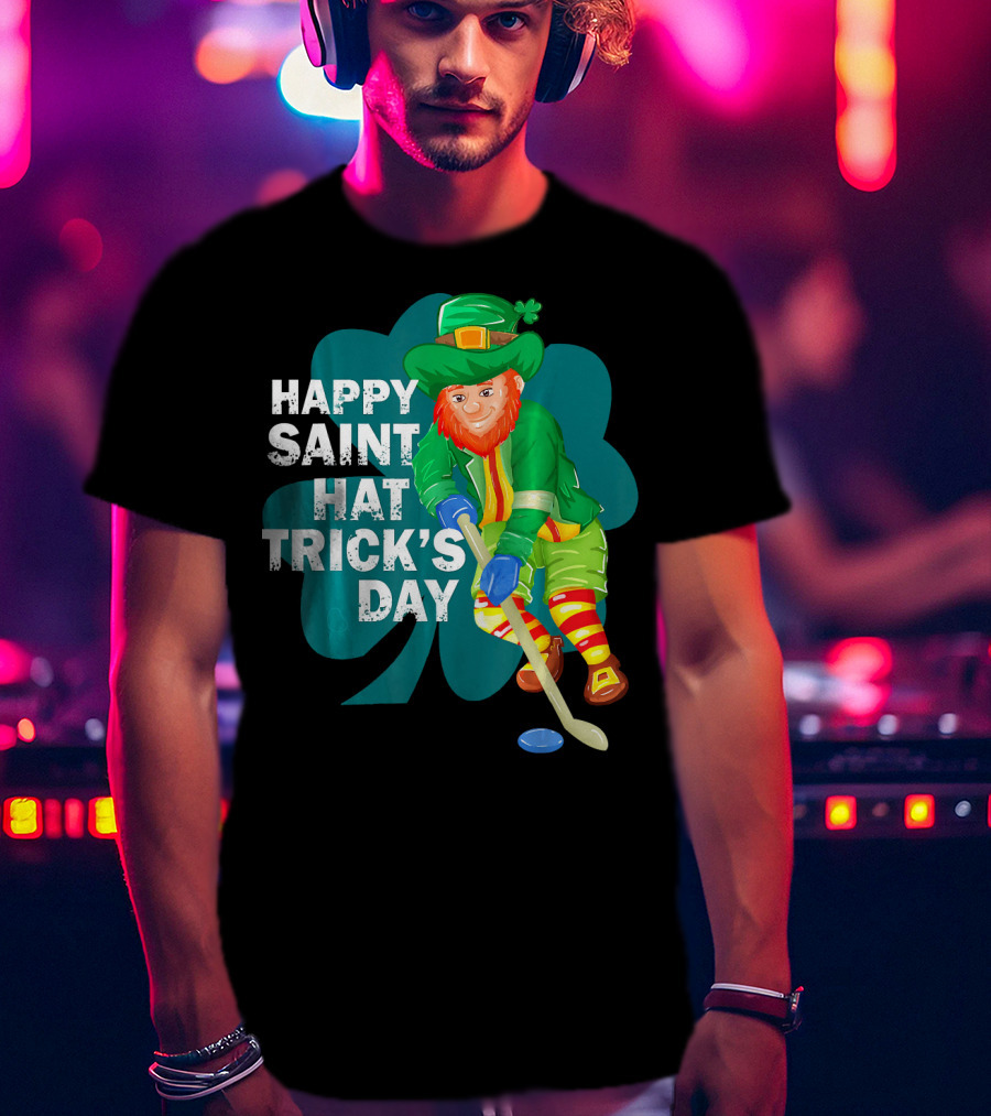 Happy Saint Hat Trick's Day Leprechaun Hockey Player Shamrock Ice T-Shirt