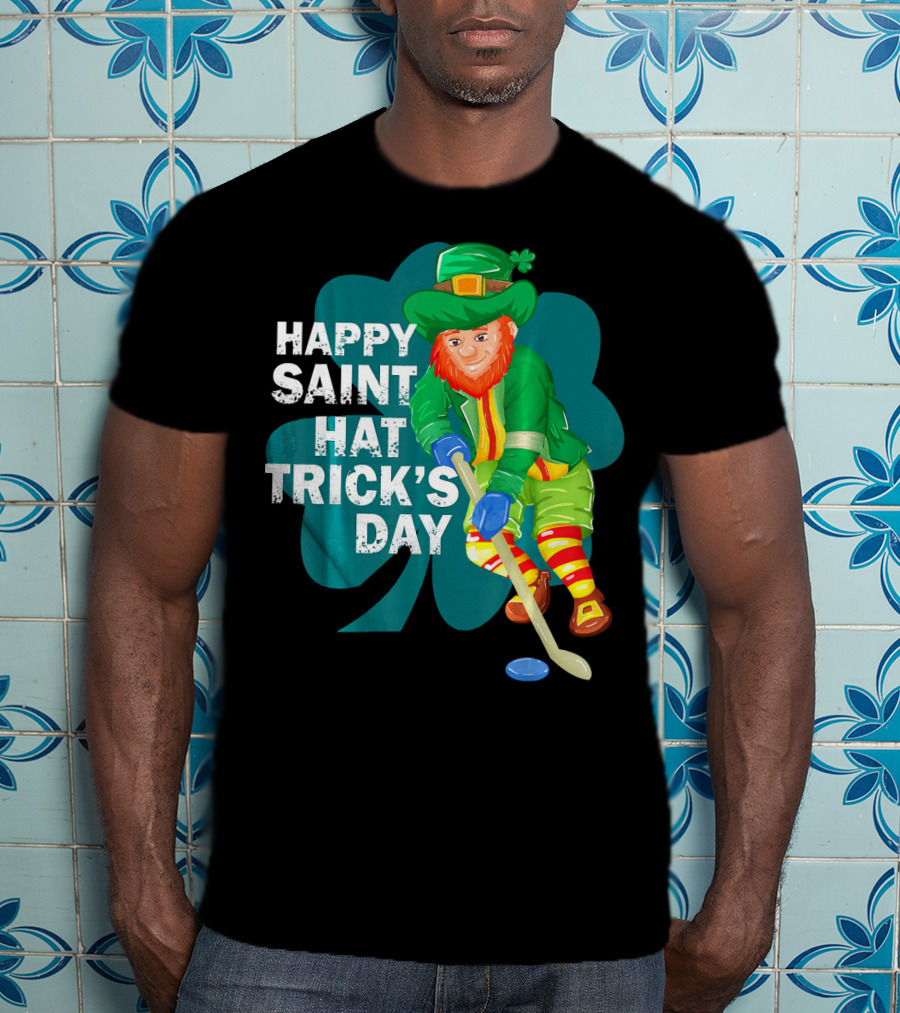 Happy Saint Hat Trick's Day Leprechaun Hockey Player Shamrock Ice T-Shirt