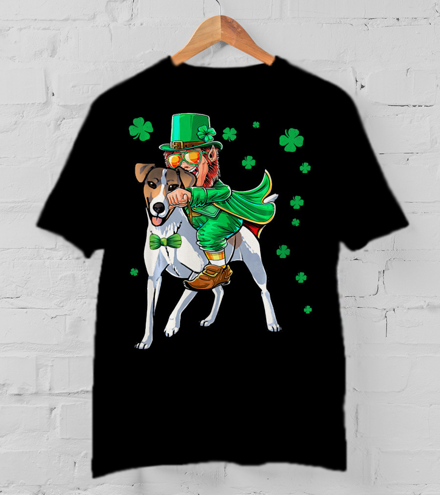 Leprechaun Riding Smooth Fox Terrier With Shamrocks T-Shirt