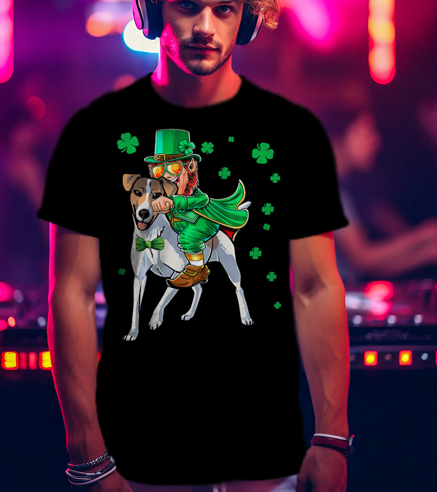 Leprechaun Riding Smooth Fox Terrier With Shamrocks T-Shirt
