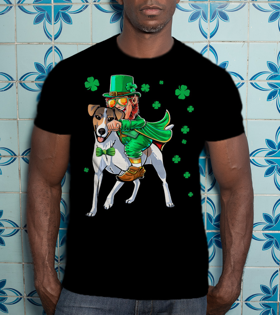 Leprechaun Riding Smooth Fox Terrier With Shamrocks T-Shirt