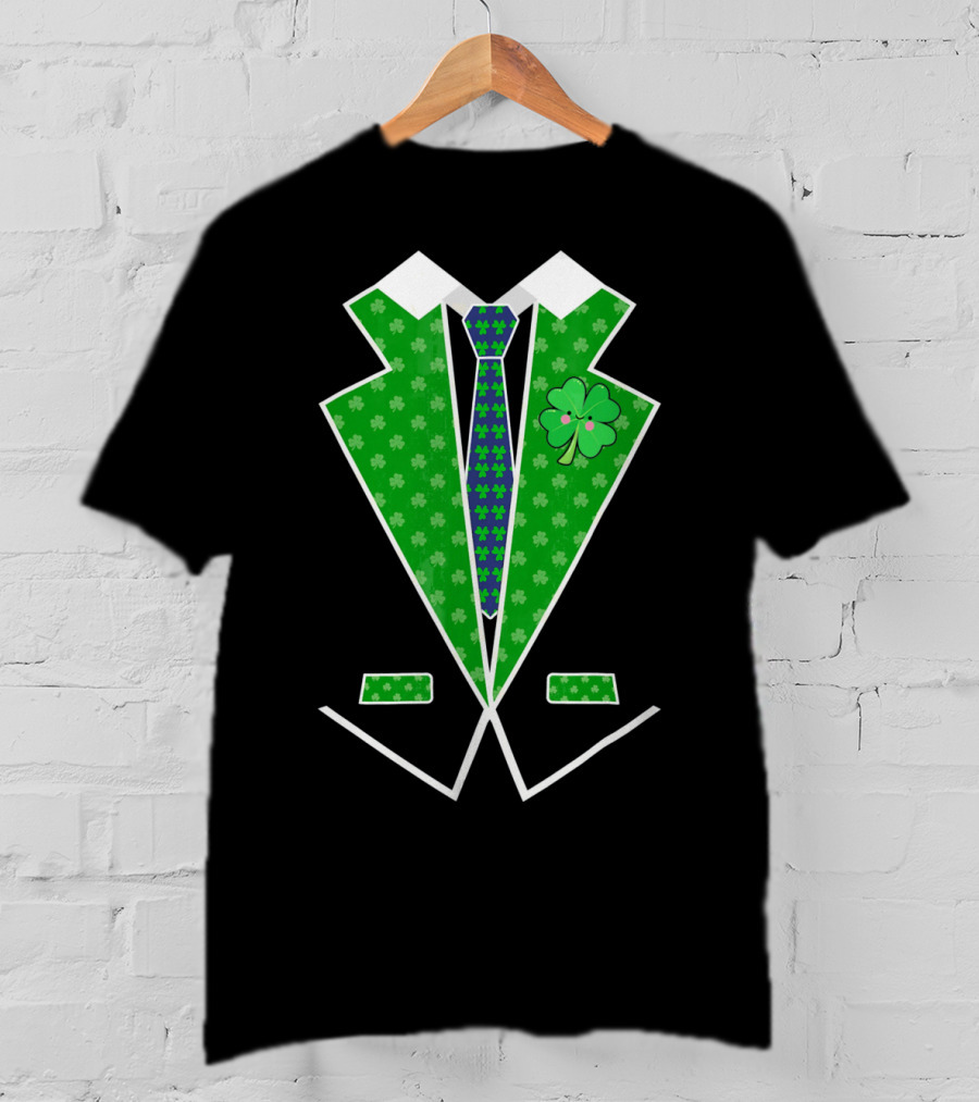 St. Patrick Day Shamrock Vest Tuxedo With Green Tie T-Shirt