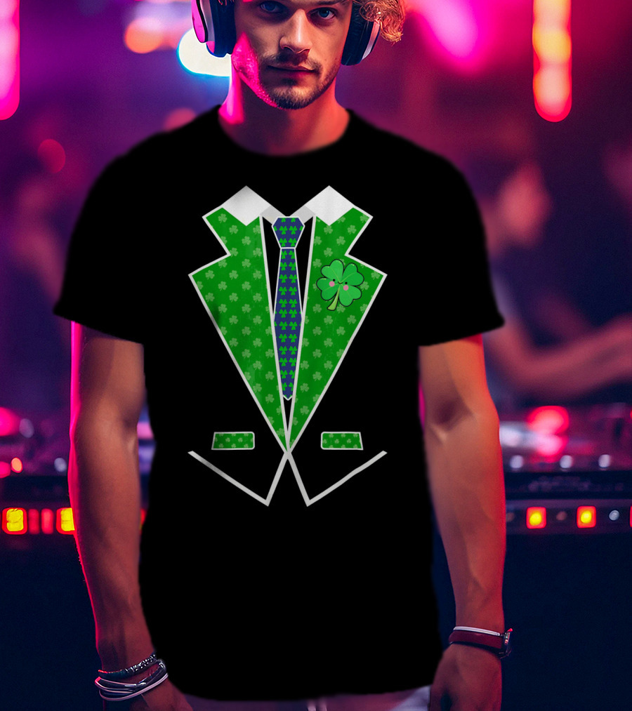 St. Patrick Day Shamrock Vest Tuxedo With Green Tie T-Shirt