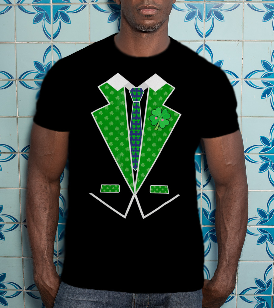 St. Patrick Day Shamrock Vest Tuxedo With Green Tie T-Shirt