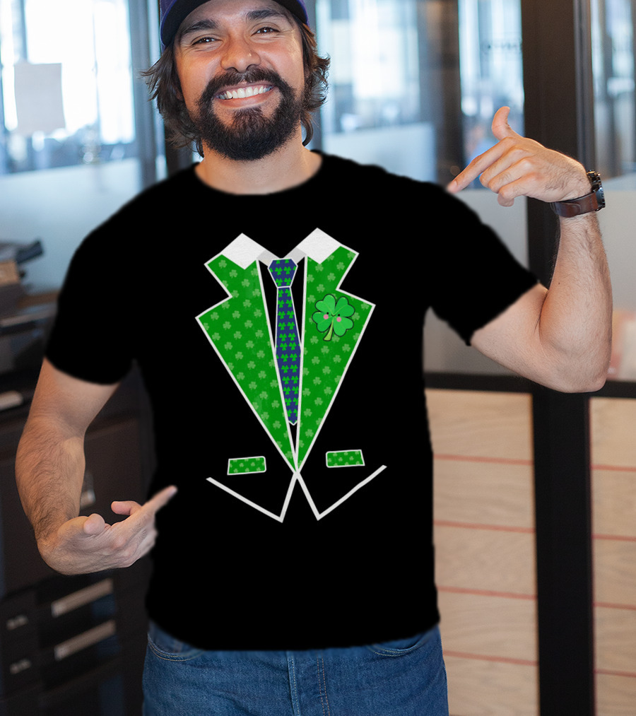 St. Patrick Day Shamrock Vest Tuxedo With Green Tie T-Shirt