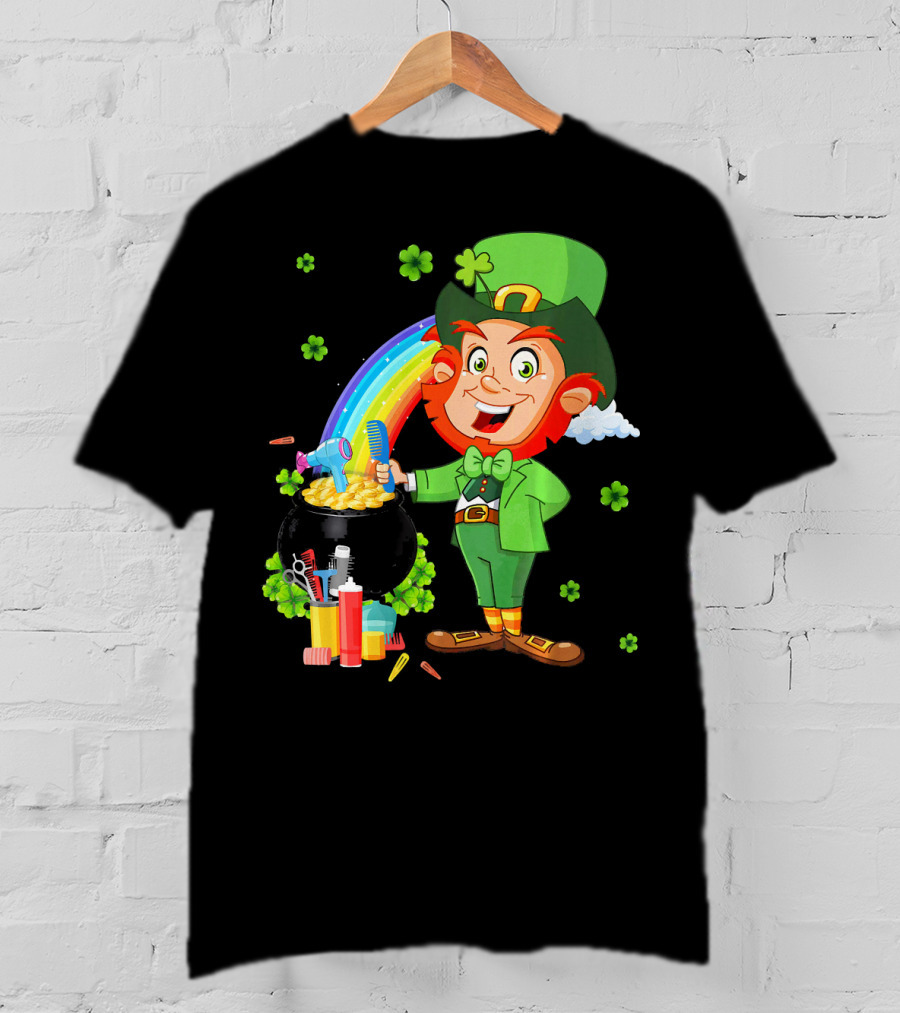 Medical Scrub Hairstylist Leprechaun Pat With Rainbow And Pot Of Gold Barber Tools T-Shirt